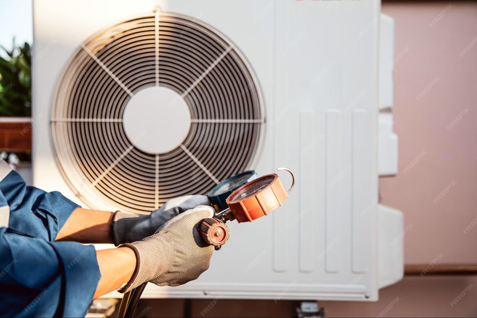 Technician using manifold gauge checking refrigerant in an air conditioner